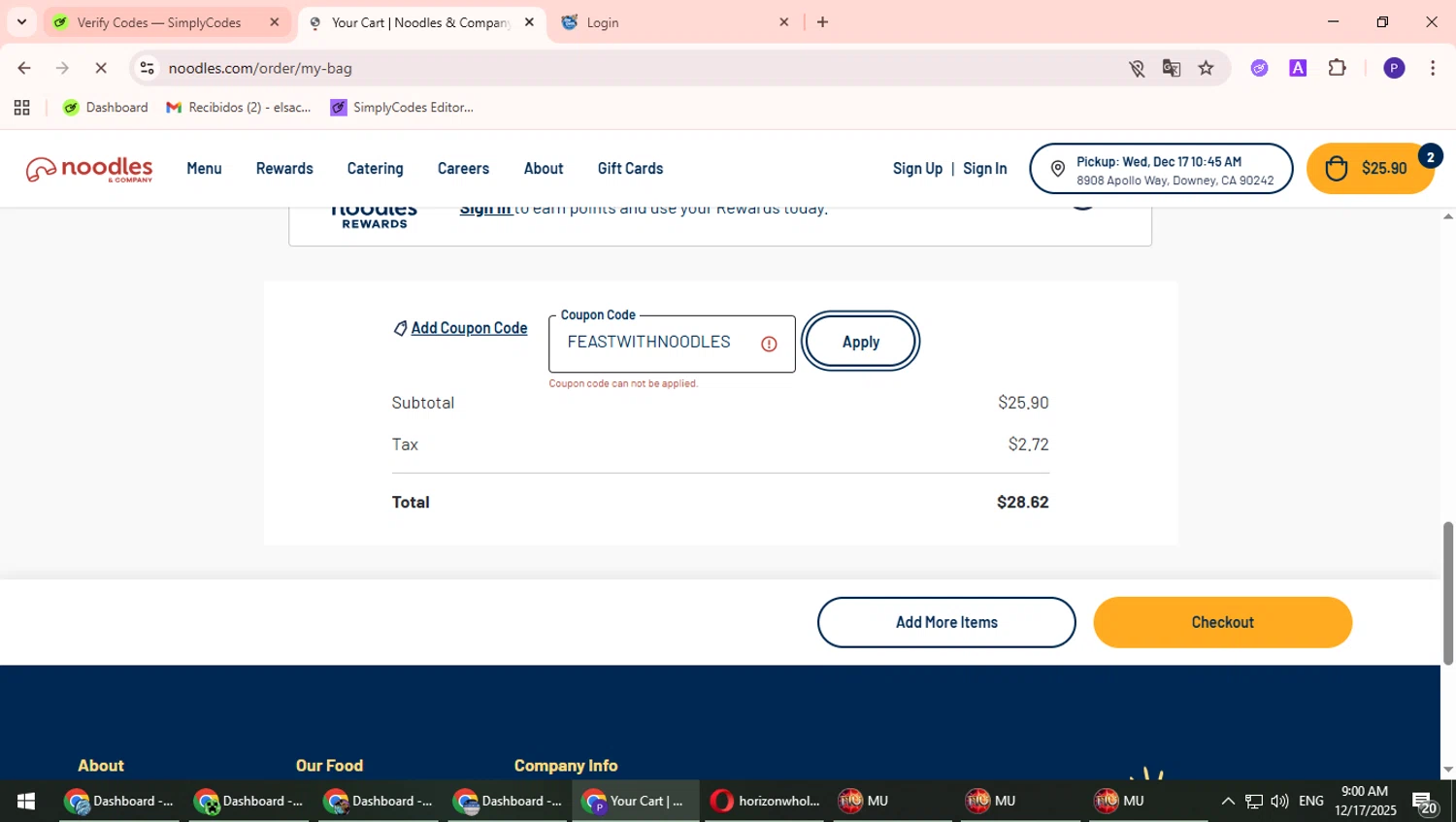 Noodles & Company coupon code screenshot showing code FEASTWITHNOODLES applied at Noodles & Company checkout page. Uploaded by SimplyCodes community member Suicune on Dec 17, 2025