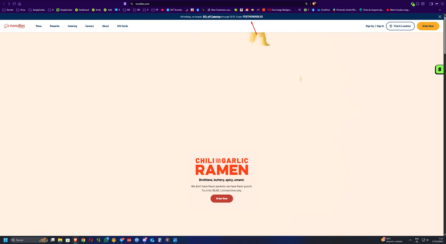Noodles & Company coupon code screenshot showing code FESTIVENOODLES applied at Noodles & Company checkout page. Uploaded by SimplyCodes community member UnkNownVnzla on Dec 17, 2025