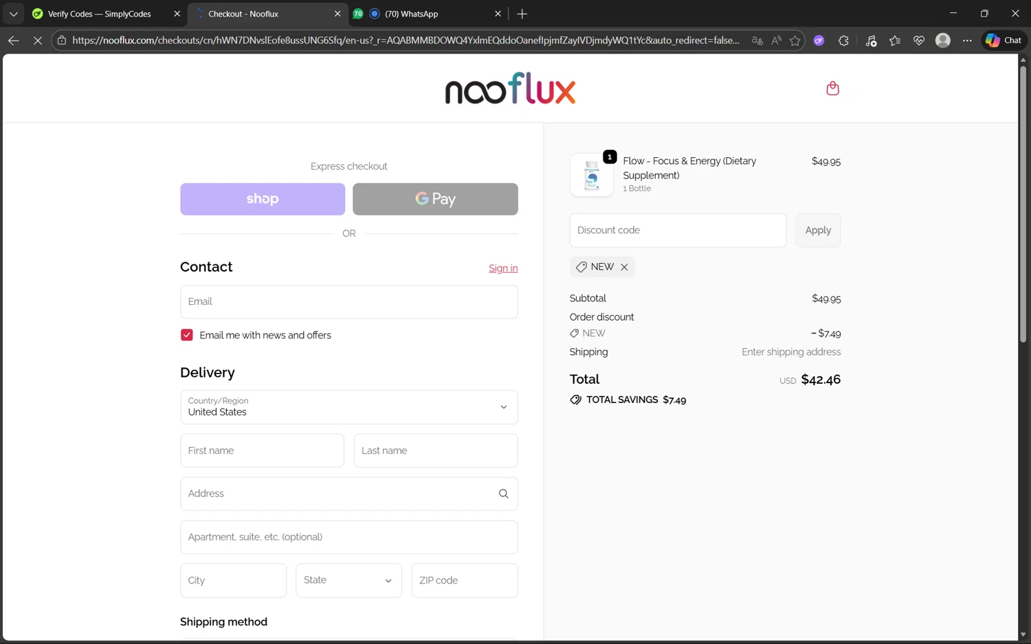 Nooflux promo code screenshot showing code NEW applied at Nooflux checkout page. Uploaded by SimplyCodes community member juanx1702 on Jan 4, 2026