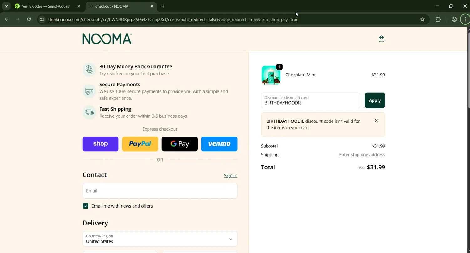 NOOMA discount code screenshot showing code BIRTHDAYHOODIE applied at NOOMA checkout page. Uploaded by SimplyCodes community member CashWizard4502 on Oct 22, 2025