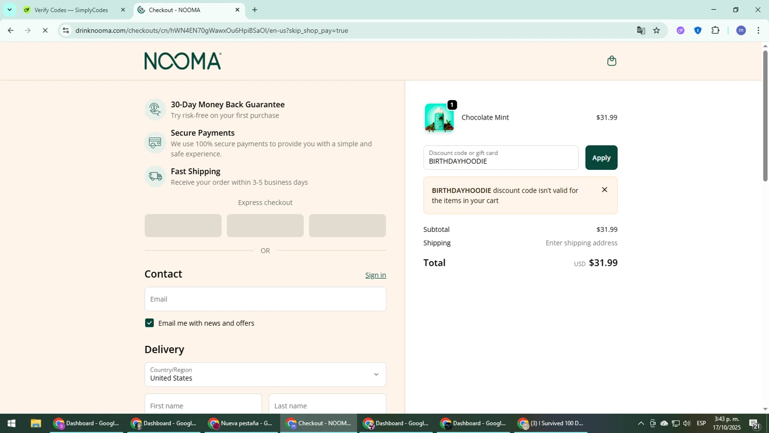 NOOMA discount code screenshot showing code BIRTHDAYHOODIE applied at NOOMA checkout page. Uploaded by SimplyCodes community member QuestDefender2661 on Oct 17, 2025
