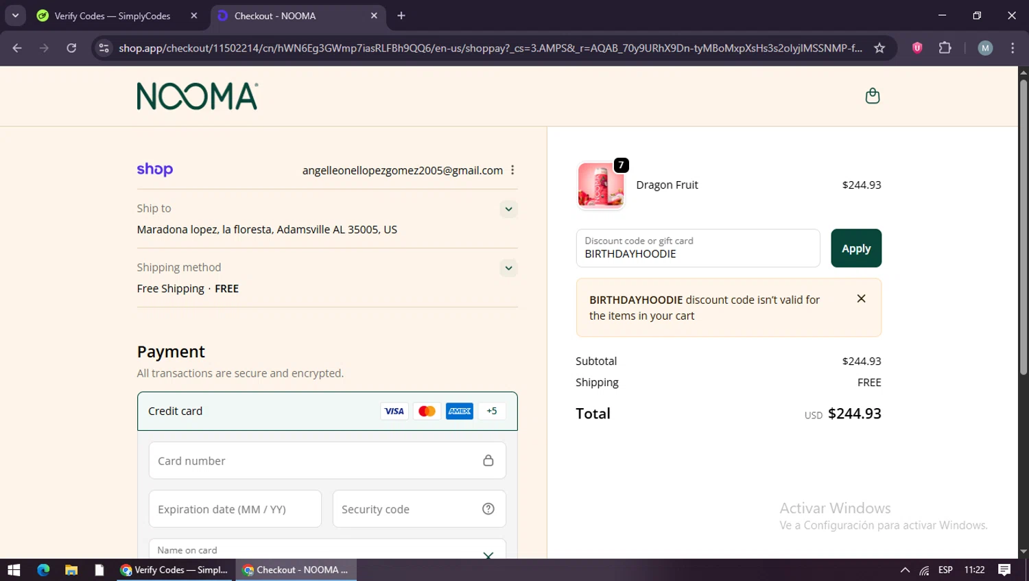 NOOMA discount code screenshot showing code BIRTHDAYHOODIE applied at NOOMA checkout page. Uploaded by SimplyCodes community member maraxo on Dec 9, 2025