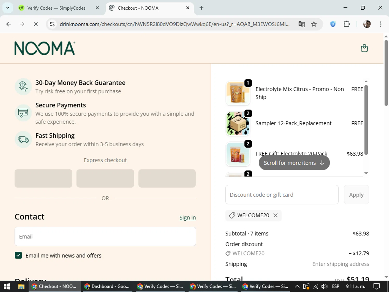 NOOMA discount code screenshot showing code Welcome20 applied at NOOMA checkout page. Uploaded by SimplyCodes community member DiscountSeeker682 on Nov 18, 2025