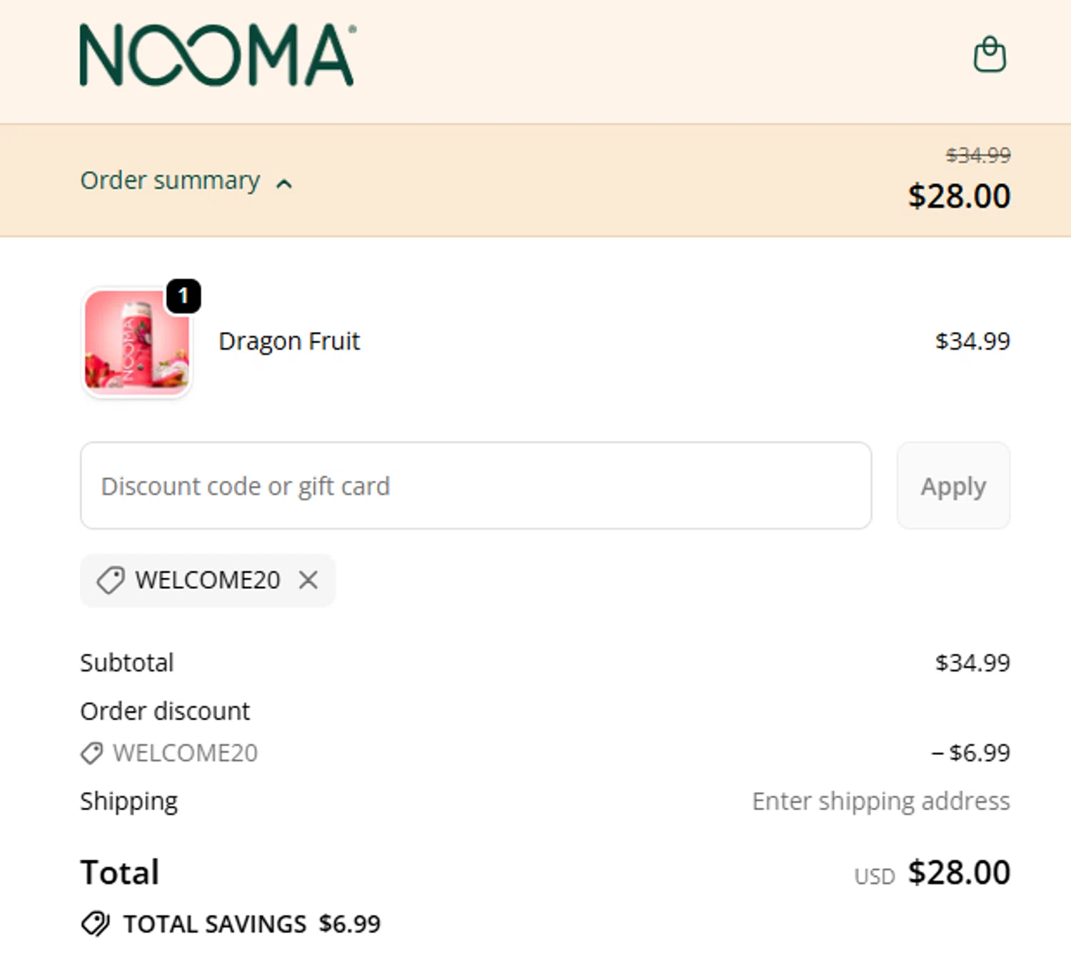NOOMA discount code screenshot showing code Welcome20 applied at NOOMA checkout page. Uploaded by SimplyCodes community member josedanielacostaguan on Dec 9, 2025