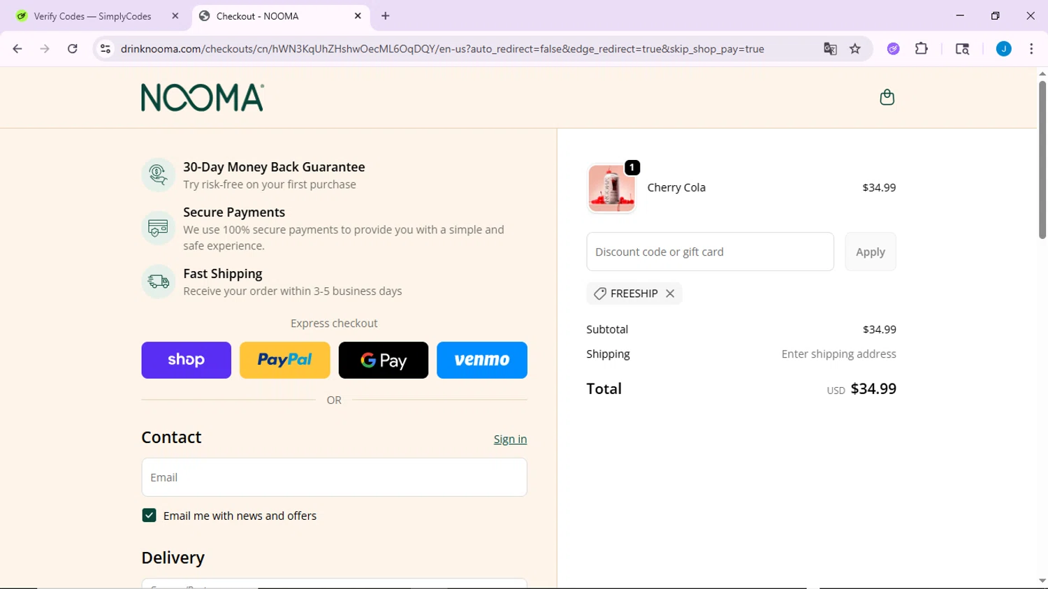 NOOMA discount code screenshot showing code Freeship applied at NOOMA checkout page. Uploaded by SimplyCodes community member CodeLynx3161 on Sep 24, 2025