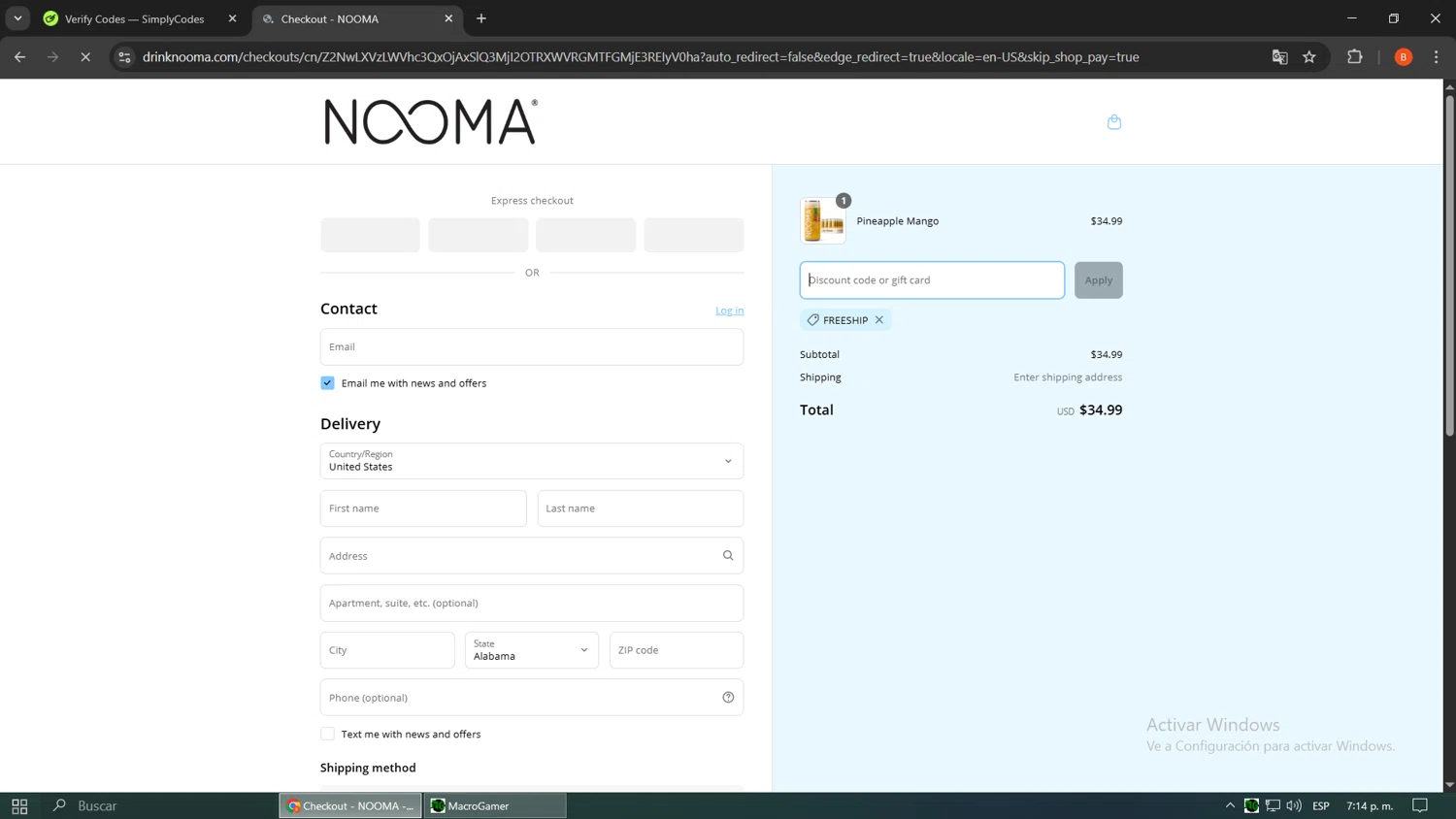 NOOMA discount code screenshot showing code Freeship applied at NOOMA checkout page. Uploaded by SimplyCodes community member TreasureCurator8902 on May 1, 2025
