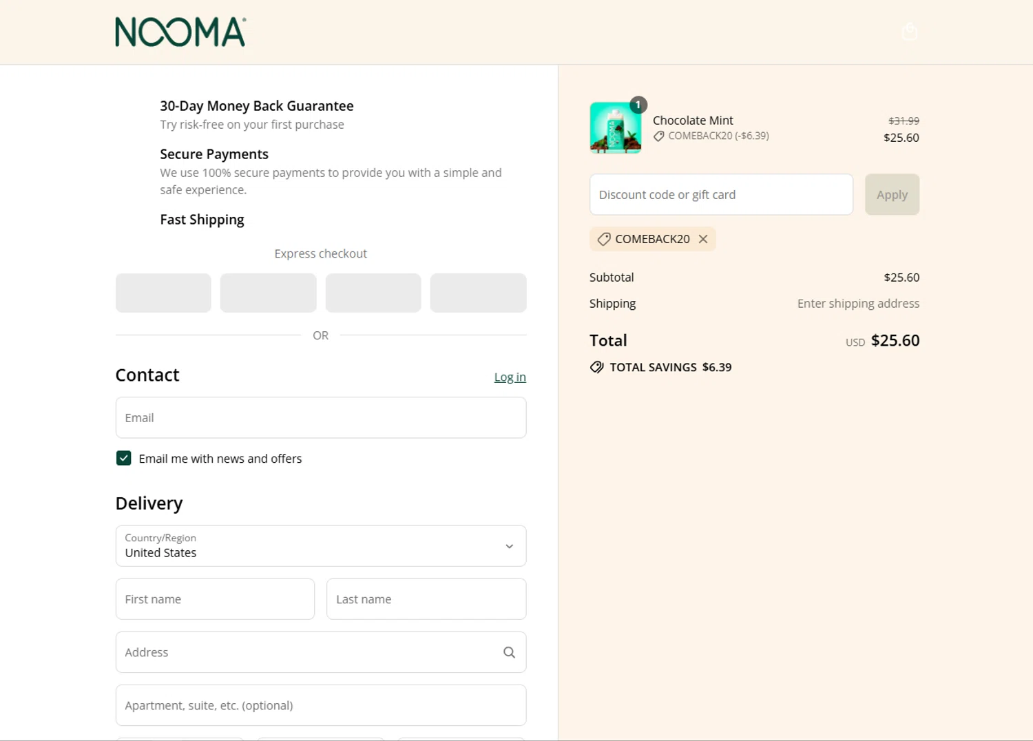NOOMA discount code screenshot showing code COMEBACK20 applied at NOOMA checkout page. Uploaded by SimplyCodes community member MagnificentFalcon188 on Aug 8, 2025
