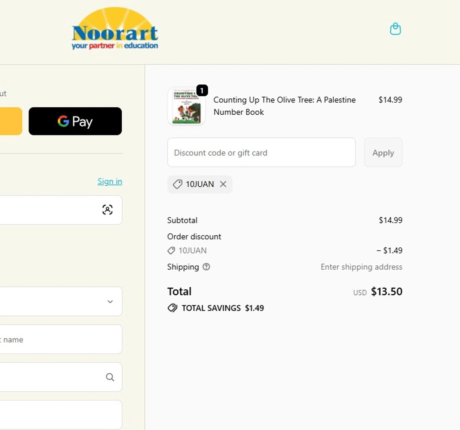 Noorart promo code screenshot showing code 10JUAN applied at Noorart checkout page. Uploaded by SimplyCodes community member mandrakke on Jun 2, 2026
