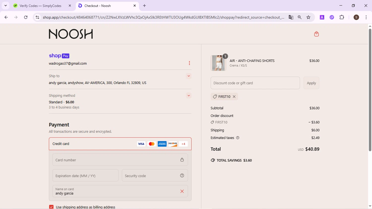 Noosh coupon code screenshot showing code FIRST10 applied at Noosh checkout page. Uploaded by SimplyCodes community member QuestPhoenix2794 on Jun 20, 2025
