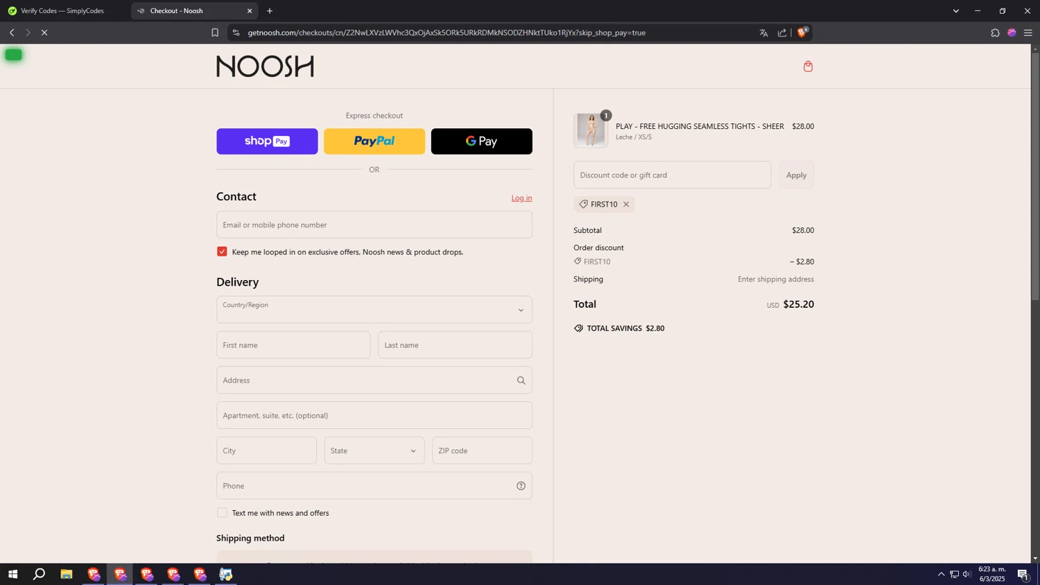 Noosh coupon code screenshot showing code FIRST10 applied at Noosh checkout page. Uploaded by SimplyCodes community member RANK1VERIFIED on Mar 6, 2025