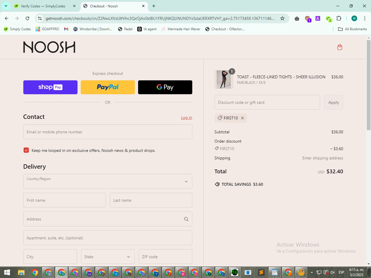 Noosh coupon code screenshot showing code FIRST10 applied at Noosh checkout page. Uploaded by SimplyCodes community member BudgetWizard5987 on Feb 5, 2025