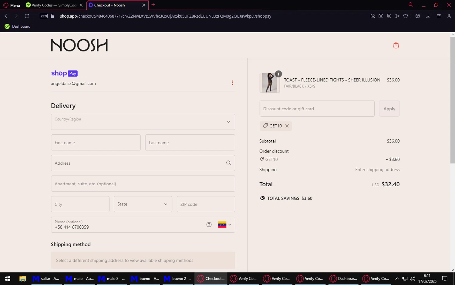 Noosh coupon code screenshot showing code get10 applied at Noosh checkout page. Uploaded by SimplyCodes community member LuckyVirtuoso1831 on Feb 17, 2025