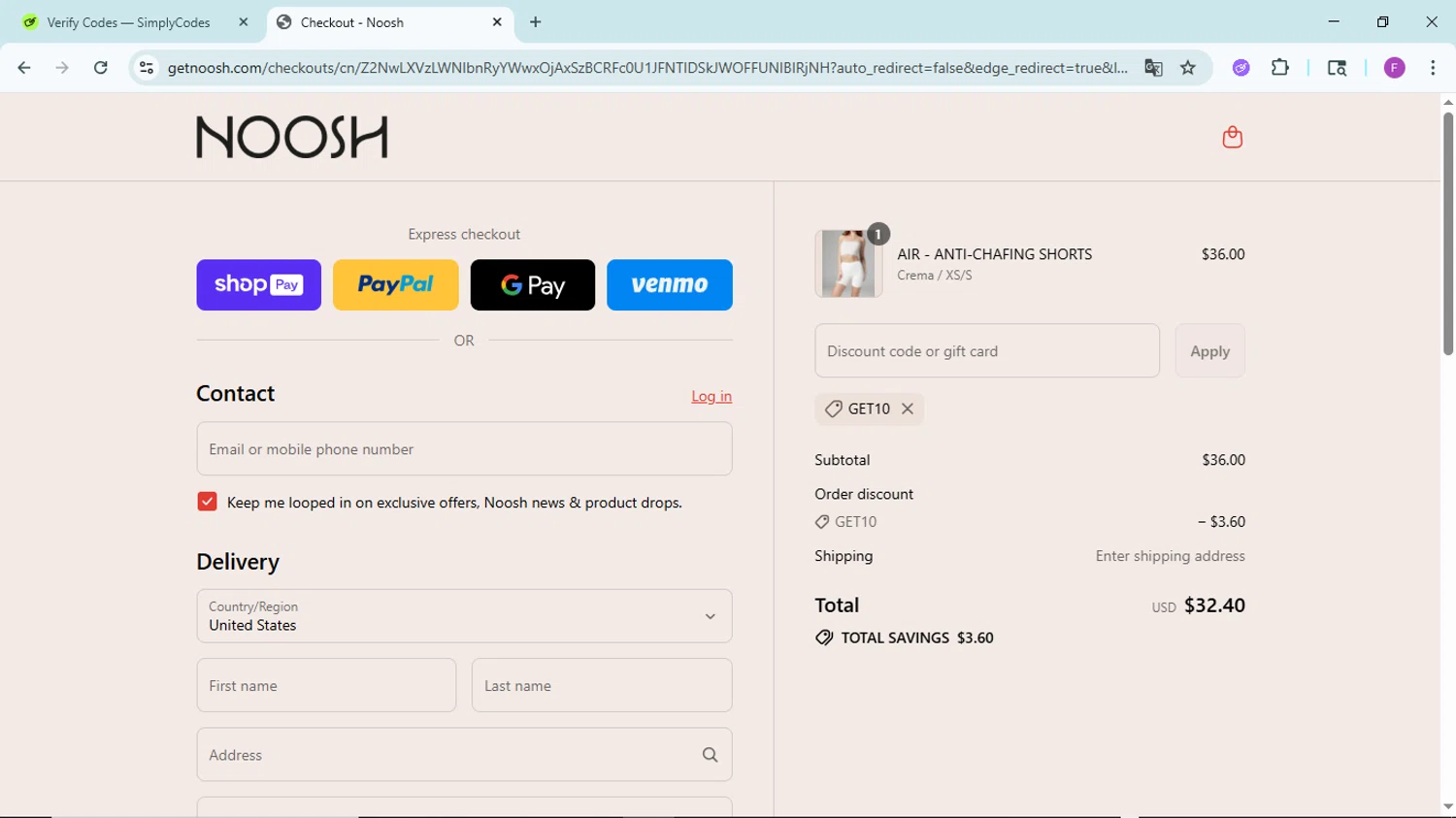 Noosh coupon code screenshot showing code get10 applied at Noosh checkout page. Uploaded by SimplyCodes community member ShieldTitan6985 on Jul 17, 2025