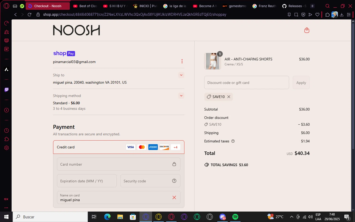 Noosh coupon code screenshot showing code SAVE10 applied at Noosh checkout page. Uploaded by SimplyCodes community member Roronoazoro on Jun 29, 2025