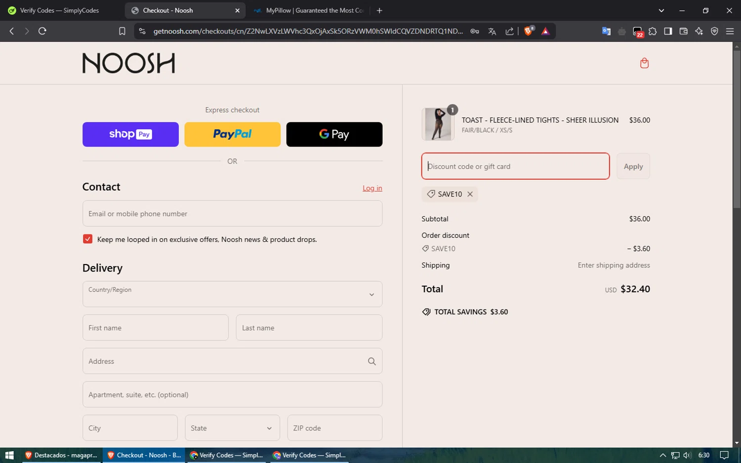 Noosh coupon code screenshot showing code SAVE10 applied at Noosh checkout page. Uploaded by SimplyCodes community member ShieldElite2370 on Mar 6, 2025