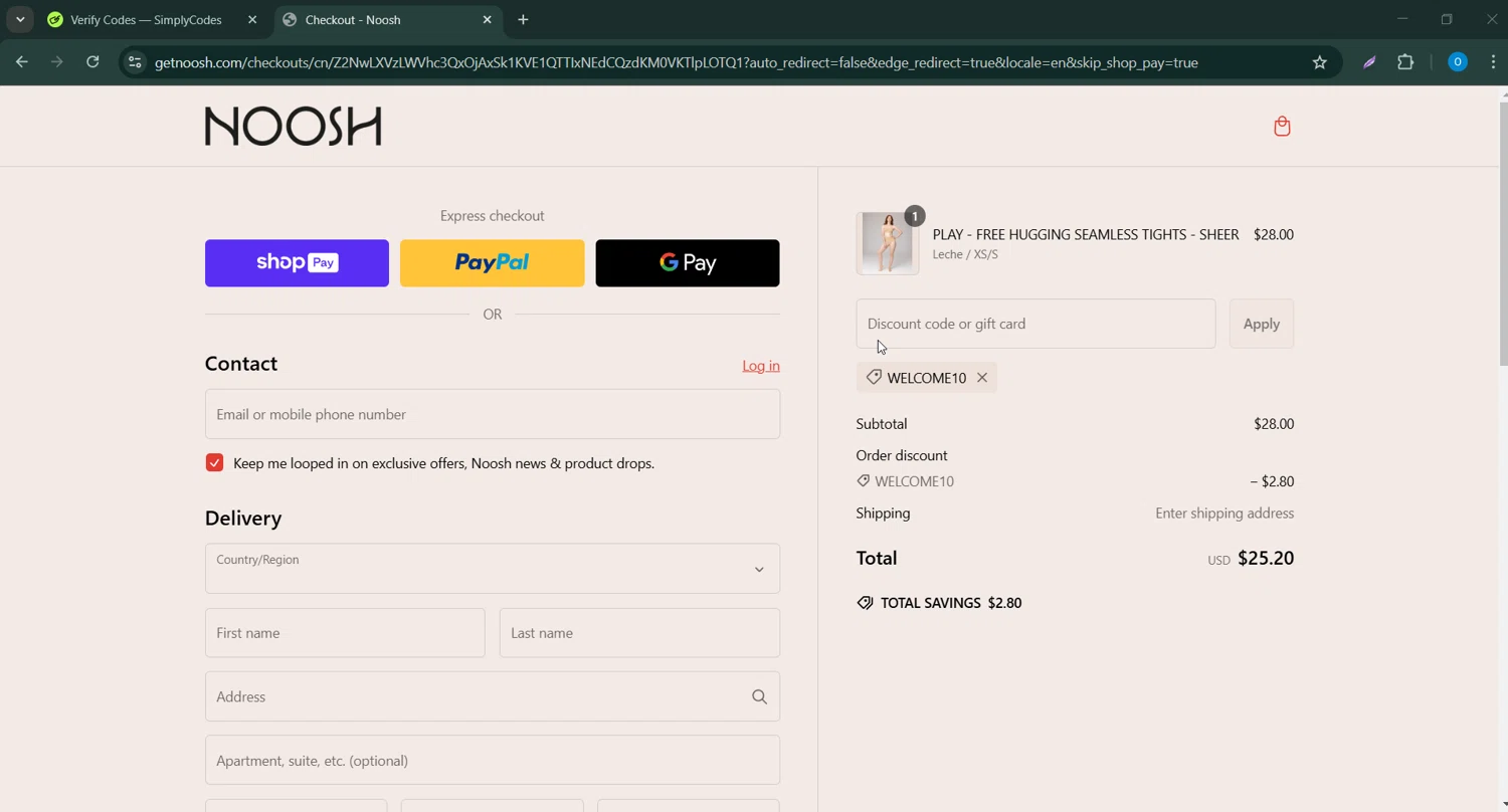 Noosh coupon code screenshot showing code WELCOME10 applied at Noosh checkout page. Uploaded by SimplyCodes community member Bernard_Lowe on Feb 20, 2025