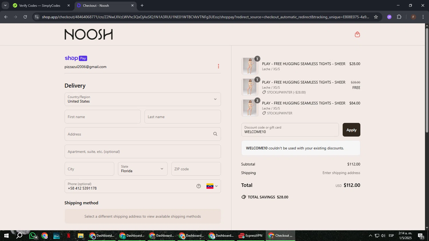 Noosh coupon code screenshot showing code WELCOME10 applied at Noosh checkout page. Uploaded by SimplyCodes community member ExtraordinaryHunter3076 on May 1, 2025