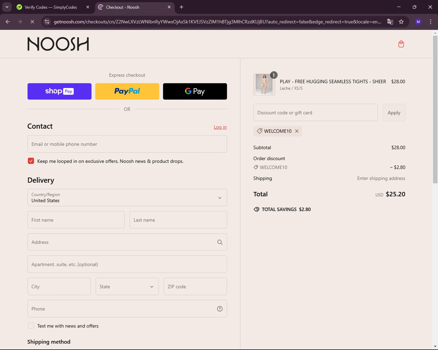 Noosh coupon code screenshot showing code WELCOME10 applied at Noosh checkout page. Uploaded by SimplyCodes community member RewardLynx5307 on Feb 20, 2025