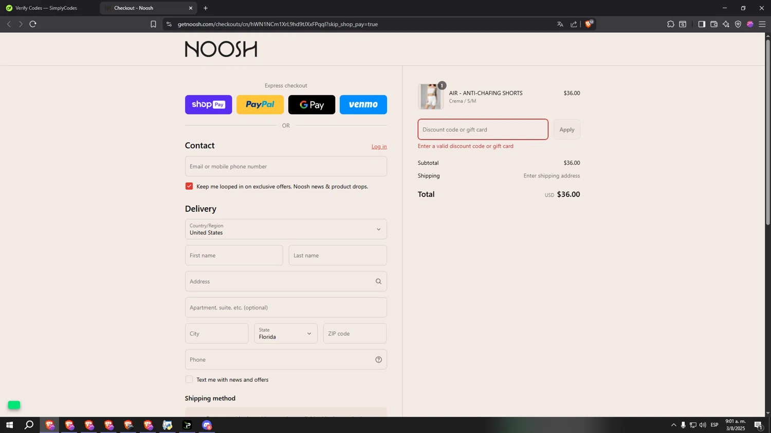 Noosh coupon code screenshot showing code BDBOGO applied at Noosh checkout page. Uploaded by SimplyCodes community member SpeeDFast on Aug 3, 2025