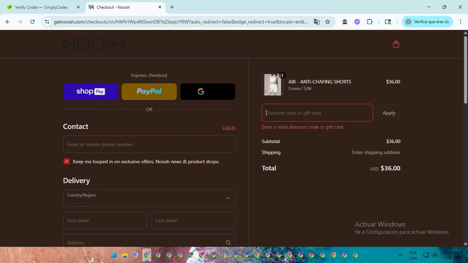 Noosh coupon code screenshot showing code BOGOSHIPPING applied at Noosh checkout page. Uploaded by SimplyCodes community member ScanMaven5756 on Aug 7, 2025