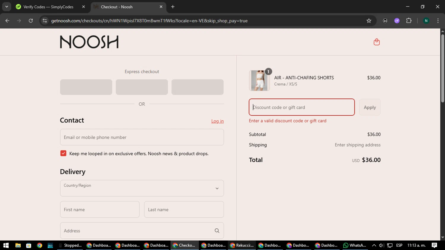 Noosh coupon code screenshot showing code BOGOSHIPPING applied at Noosh checkout page. Uploaded by SimplyCodes community member nataaokiiii on Aug 7, 2025