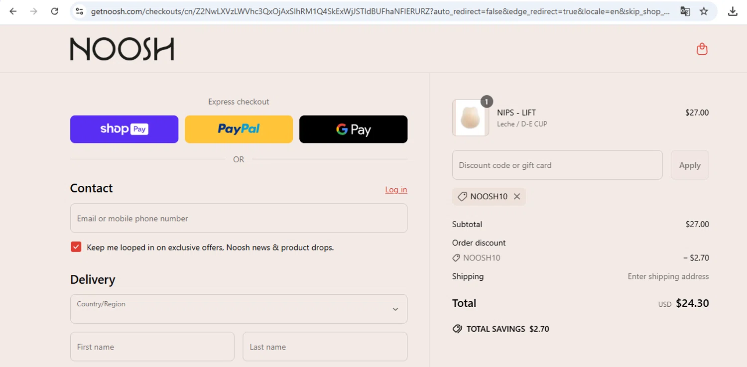 Noosh coupon code screenshot showing code noosh10 applied at Noosh checkout page. Uploaded by SimplyCodes community member carol_lameda on Jun 14, 2025
