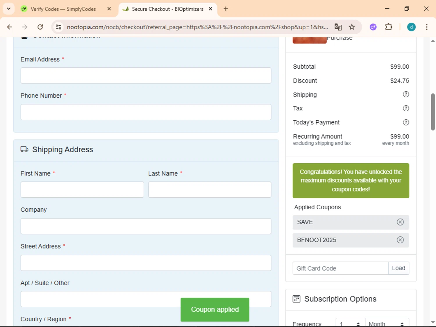 Nootopia discount code screenshot showing code Save applied at Nootopia checkout page. Uploaded by SimplyCodes community member Simpsince95 on Nov 30, 2025