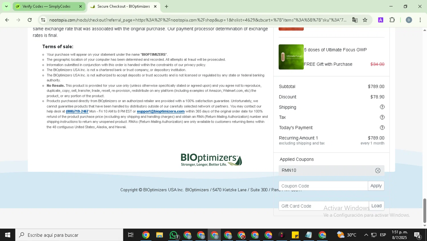 Nootopia discount code screenshot showing code RMN10 applied at Nootopia checkout page. Uploaded by SimplyCodes community member DealExpert4491 on Jul 8, 2025