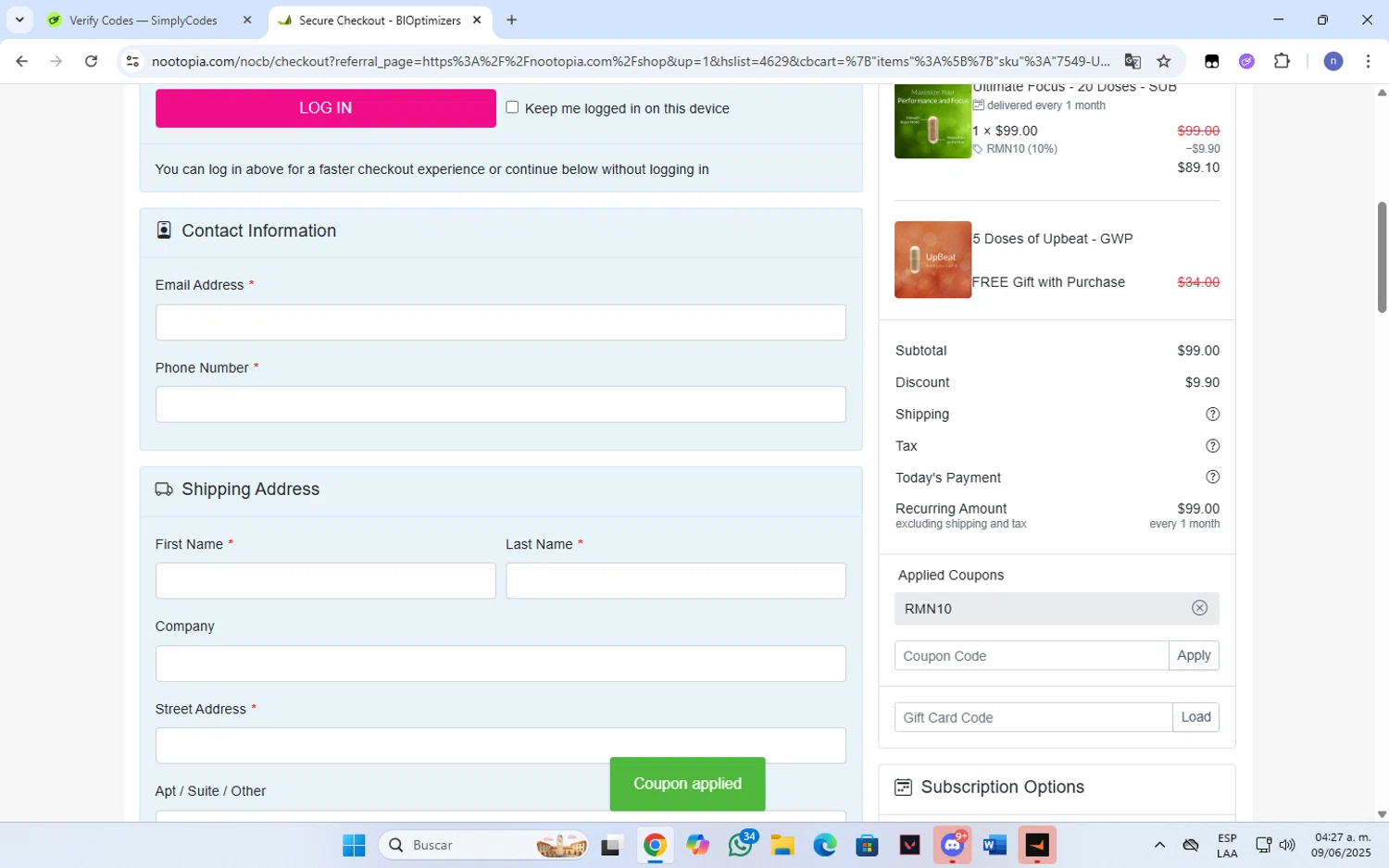Nootopia discount code screenshot showing code RMN10 applied at Nootopia checkout page. Uploaded by SimplyCodes community member Franka on Jun 9, 2025