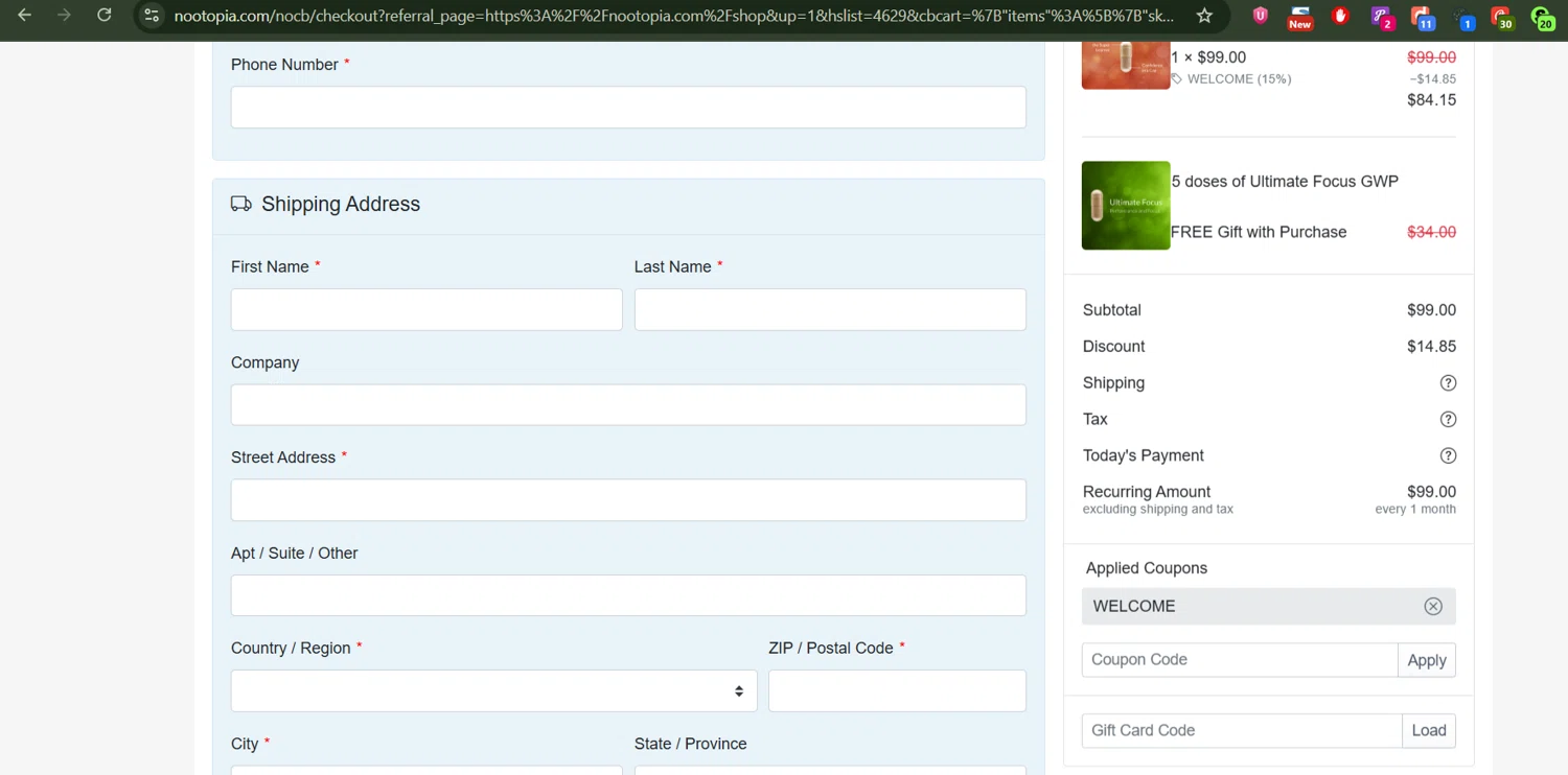 Nootopia discount code screenshot showing code WELCOME applied at Nootopia checkout page. Uploaded by SimplyCodes community member antonietarodriguez96 on Nov 1, 2025