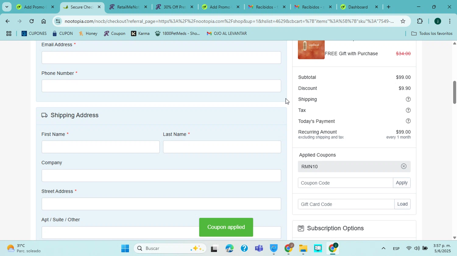 Nootopia discount code screenshot showing code RMN10 applied at Nootopia checkout page. Uploaded by SimplyCodes community member jorgejavierherrera on Jun 5, 2025