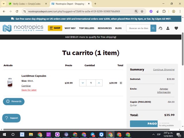 Nootropics Depot checkout page showing Nootropics Depot promo code box | Screenshot taken by SimplyCodes community member on Aug 12, 2025