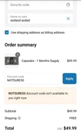 NOTSURE50 coupon verification screenshot