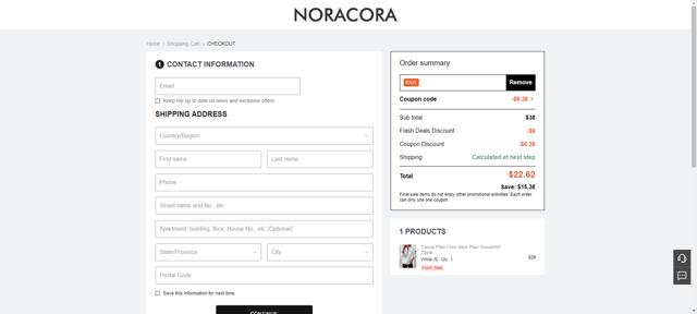 Noracora checkout page showing Noracora coupon code box | Screenshot taken by SimplyCodes community member on Sep 9, 2025