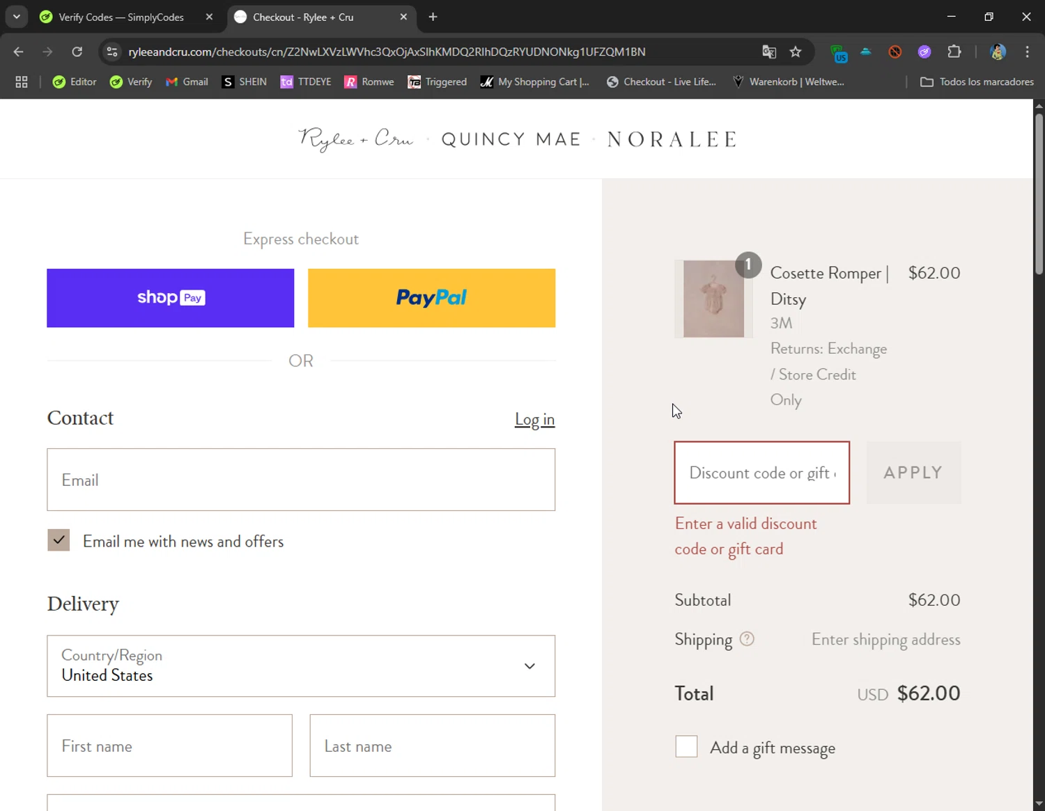 Noralee discount code screenshot showing code Enocha applied at Noralee checkout page. Uploaded by SimplyCodes community member CoolMcCool on Jun 12, 2025