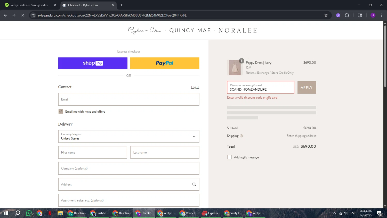 Noralee discount code screenshot showing code SCANDIHOMEANDLIFE applied at Noralee checkout page. Uploaded by SimplyCodes community member ComeBurra123 on Jun 12, 2025