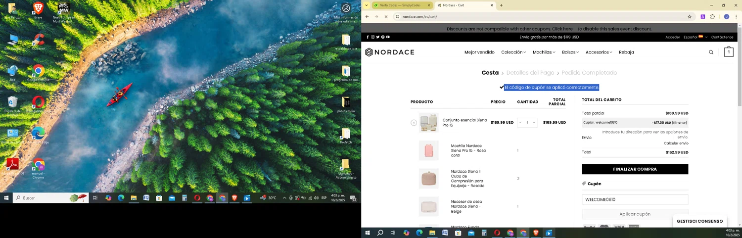 Nordace coupon code screenshot showing code WELCOME0610 applied at Nordace checkout page. Uploaded by SimplyCodes community member EpicSage3474 on Feb 10, 2025