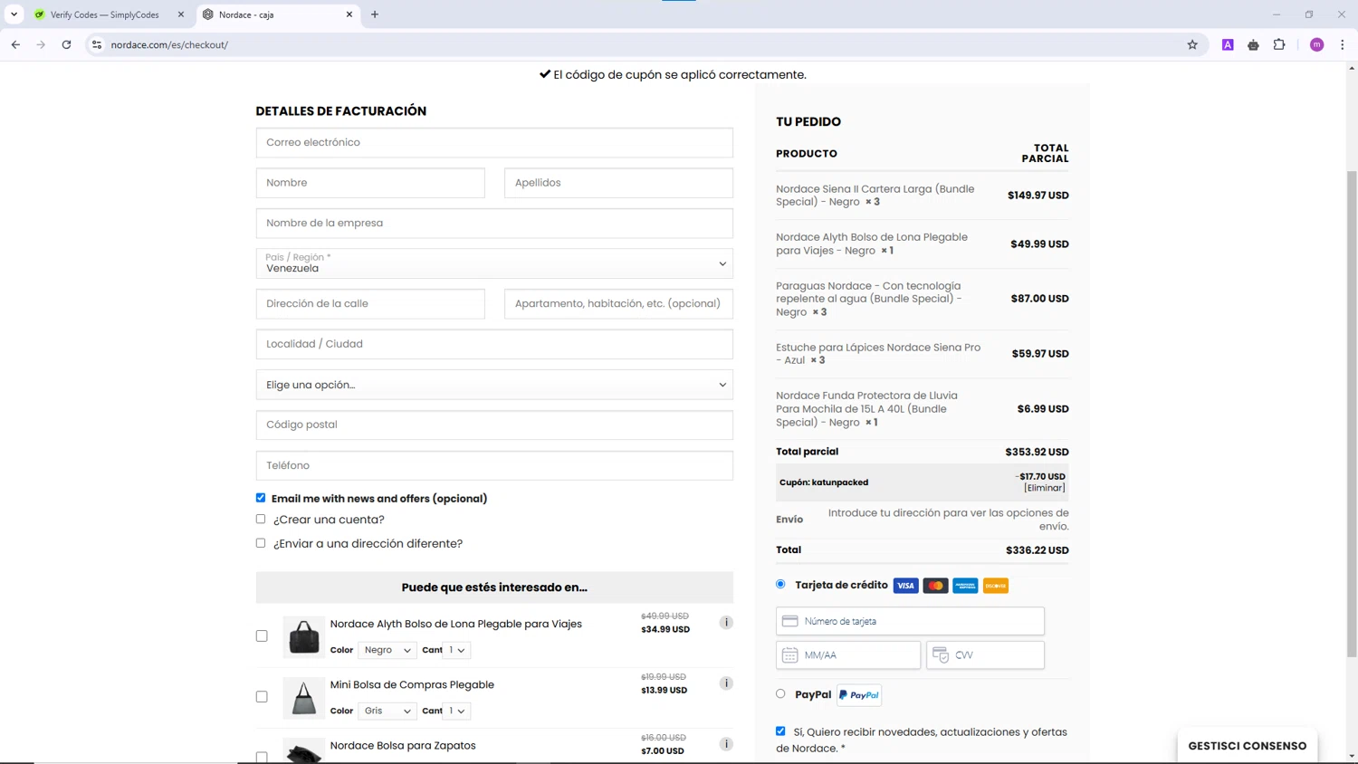 Nordace coupon code screenshot showing code KATUNPACKED applied at Nordace checkout page. Uploaded by SimplyCodes community member TokenChaser4876 on Jan 25, 2025