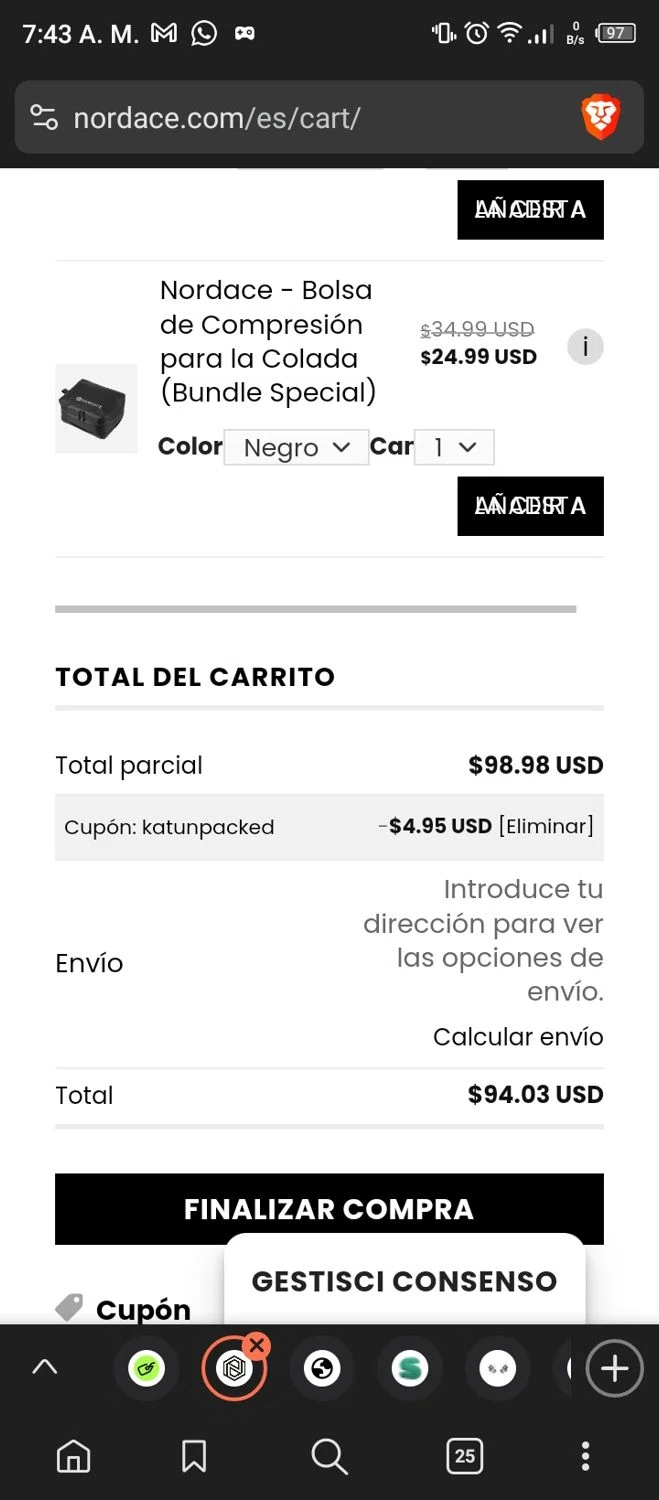 Nordace coupon code screenshot showing code KATUNPACKED applied at Nordace checkout page. Uploaded by SimplyCodes community member ExtraordinaryBoss3426 on Dec 27, 2024
