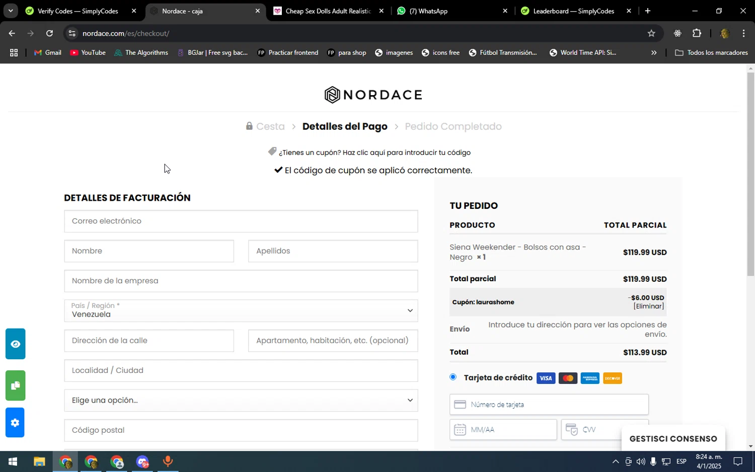 Nordace coupon code screenshot showing code LAURASHOME applied at Nordace checkout page. Uploaded by SimplyCodes community member kakakakakka on Jan 4, 2025
