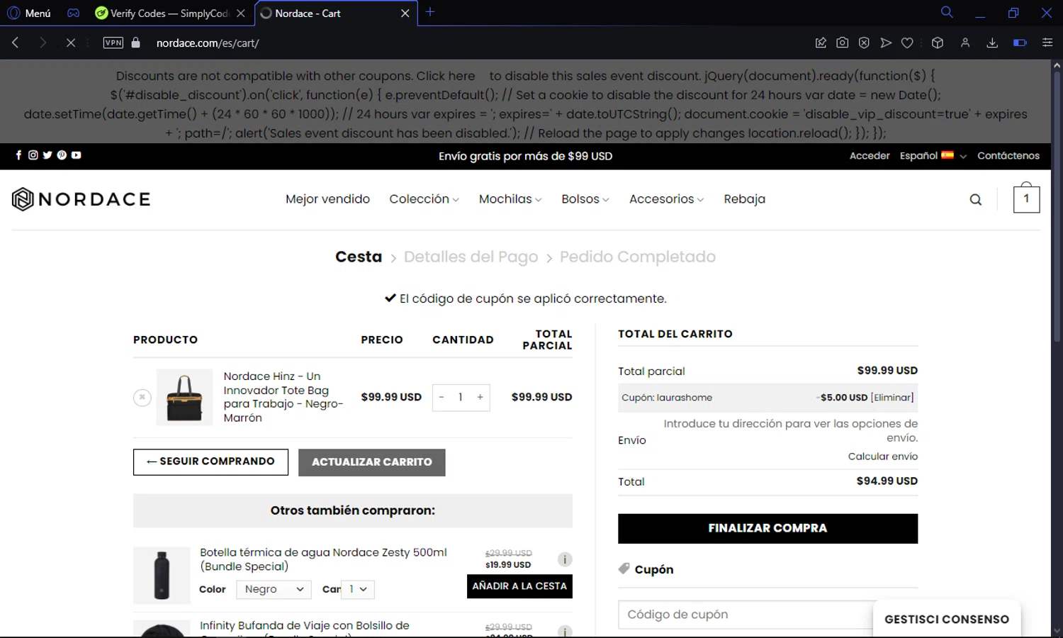 Nordace coupon code screenshot showing code LAURASHOME applied at Nordace checkout page. Uploaded by SimplyCodes community member elpuma on Feb 2, 2025