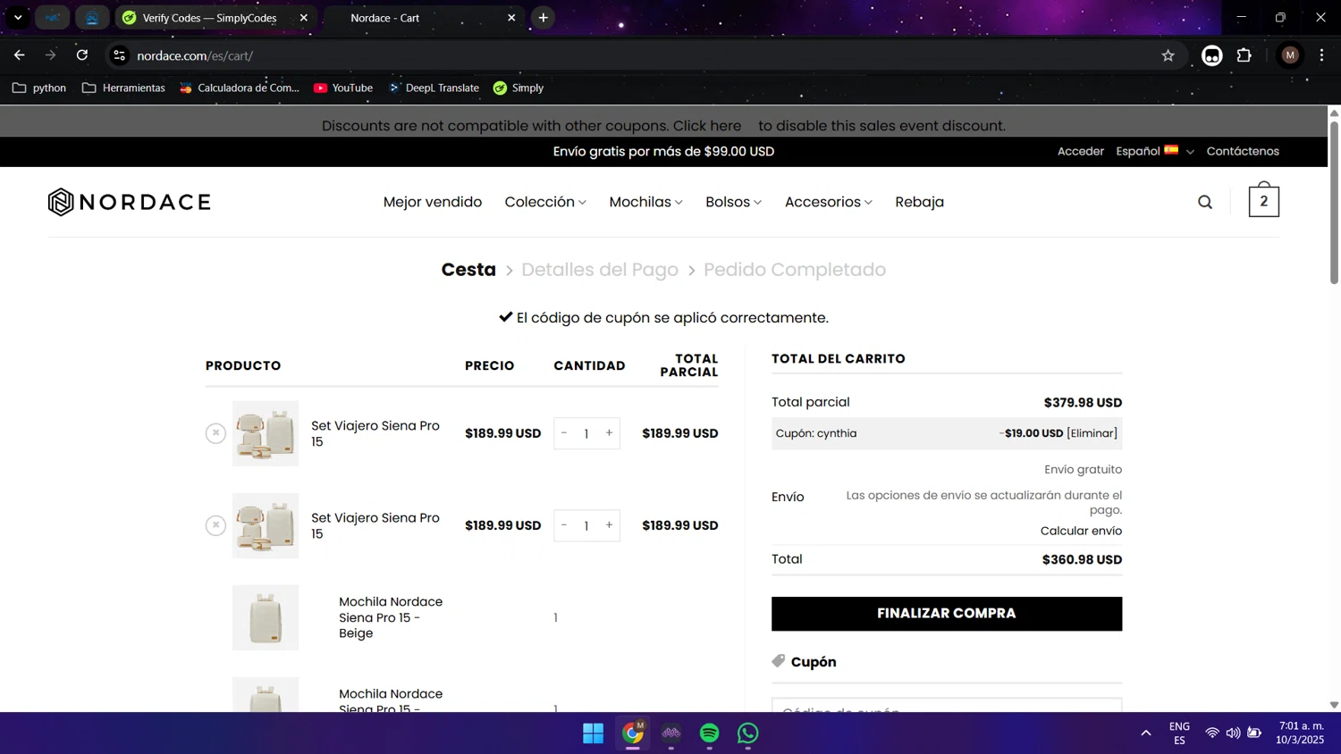 Nordace coupon code screenshot showing code CYNTHIA applied at Nordace checkout page. Uploaded by SimplyCodes community member Maocar on Mar 10, 2025