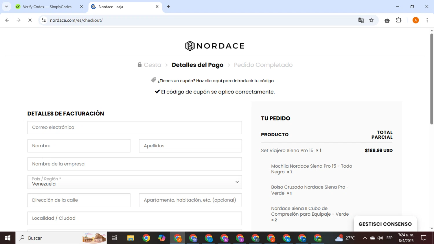 Nordace coupon code screenshot showing code CYNTHIA applied at Nordace checkout page. Uploaded by SimplyCodes community member SmartSaver1325 on Apr 8, 2025