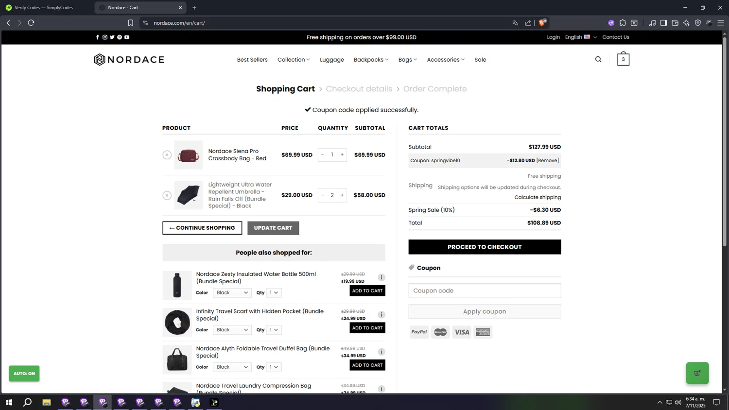 Nordace checkout page showing Nordace coupon code box | Screenshot taken by SimplyCodes community member on Nov 7, 2025
