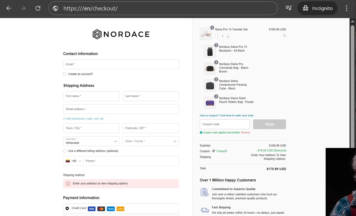 Nordace coupon code screenshot showing code Fiona20 applied at Nordace checkout page. Uploaded by SimplyCodes community member anosesmith on Jan 21, 2026