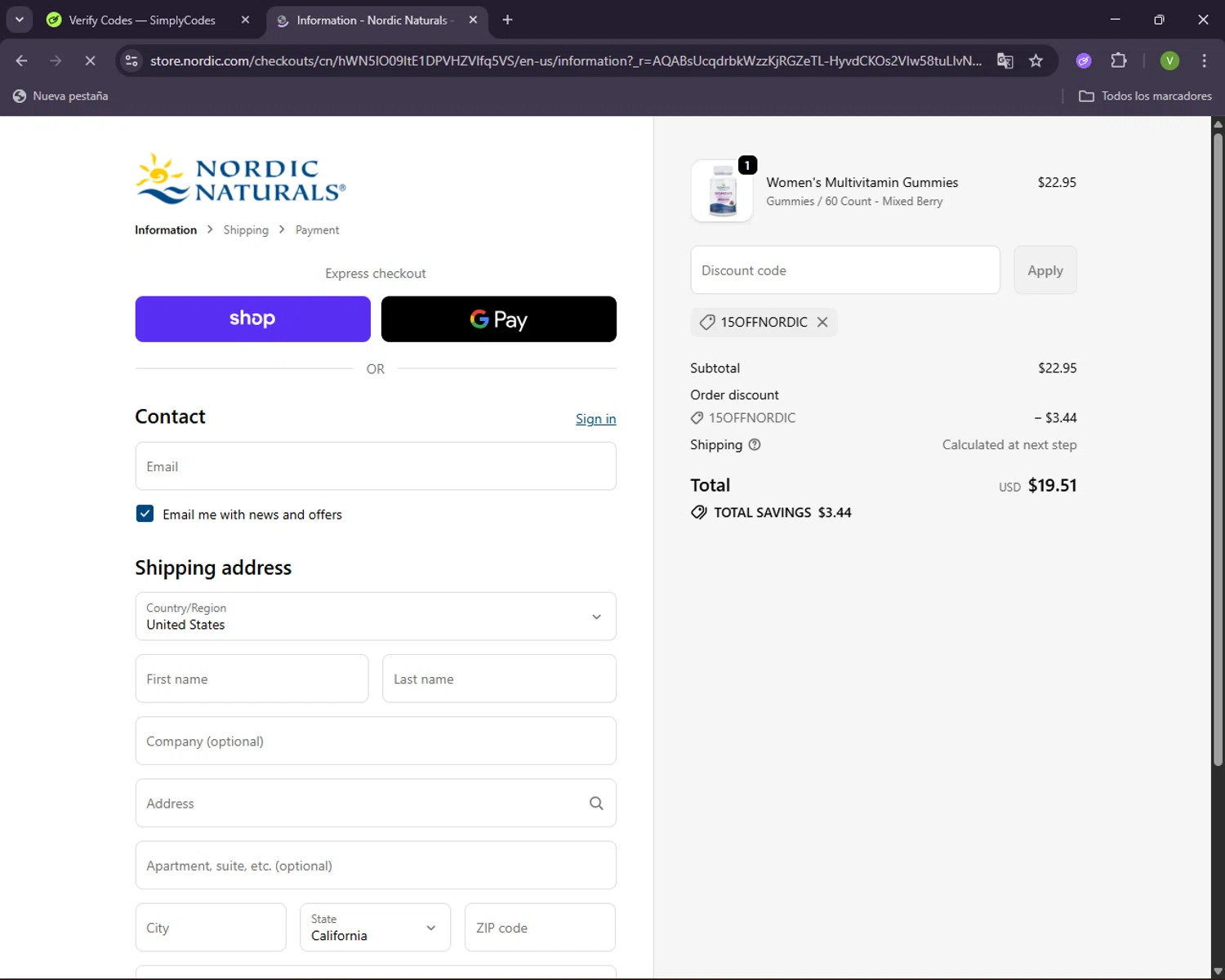 Nordic promo code screenshot showing code 15OFFNORDIC applied at Nordic checkout page. Uploaded by SimplyCodes community member CleverNavigator1236 on Nov 14, 2025