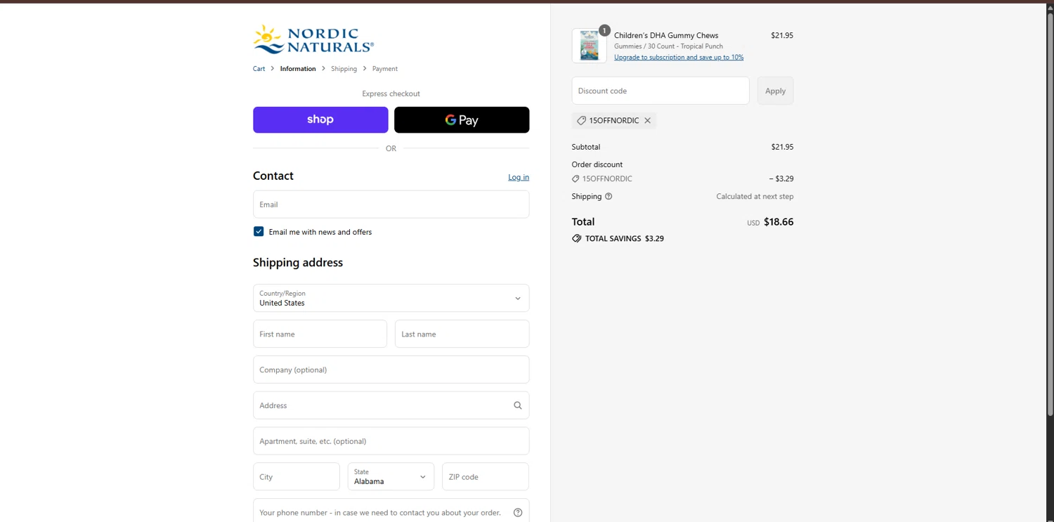 Nordic promo code screenshot showing code 15OFFNORDIC applied at Nordic checkout page. Uploaded by SimplyCodes community member MagnificentTitan8616 on Sep 1, 2025
