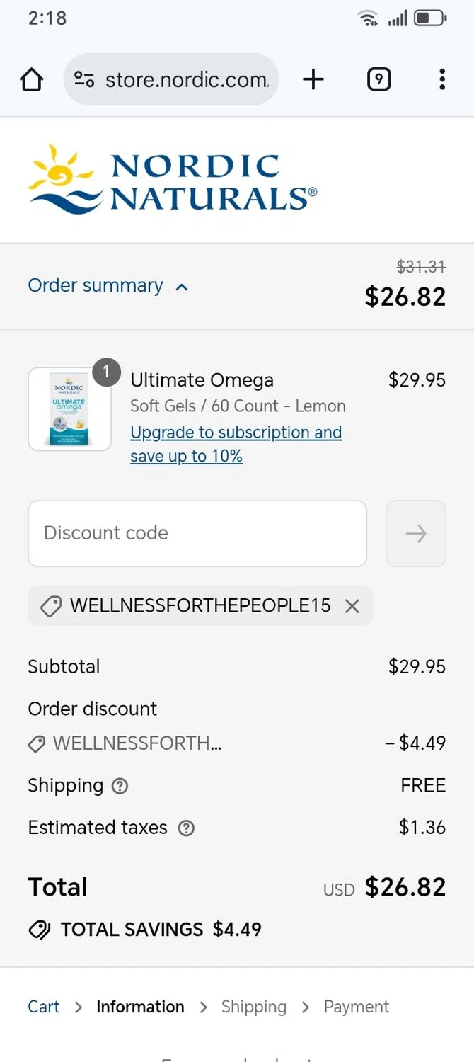 Nordic promo code screenshot showing code WELLNESSFORTHEPEOPLE15 applied at Nordic checkout page. Uploaded by SimplyCodes community member franksanchez on Aug 29, 2025