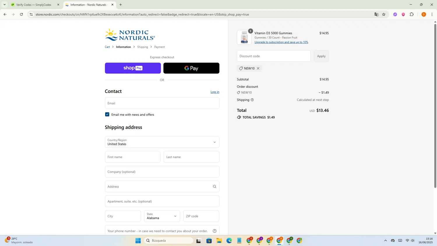 Nordic promo code screenshot showing code New10 applied at Nordic checkout page. Uploaded by SimplyCodes community member Dayana21 on Aug 16, 2025