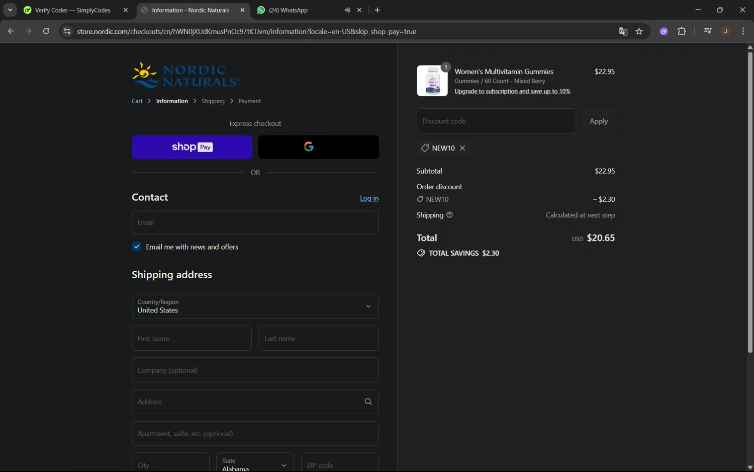 Nordic promo code screenshot showing code New10 applied at Nordic checkout page. Uploaded by SimplyCodes community member juanx1702 on Jul 17, 2025